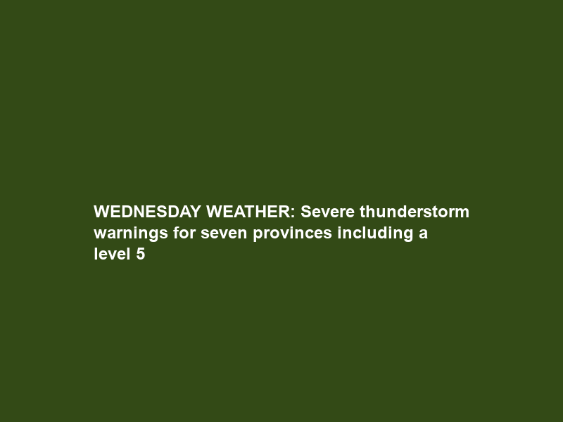 WEDNESDAY WEATHER: Severe thunderstorm warnings for seven provinces including a level 5